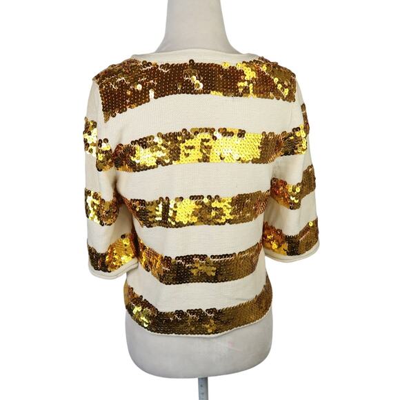 Vintage Y2K Forever 21 Cream Knit Cardigan Sweater Gold Sequin Stripes M - Picture 4 of 5